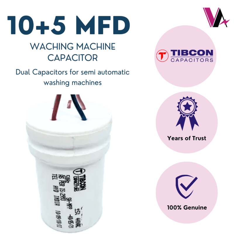 Tibcon 10 + 5 MFD Dual Capacitors for Washing Machine Tibcon 10 + 5 MFD Dual Capacitors for Washing Machine