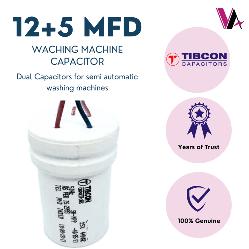 Tibcon 12 + 5 MFD Dual Capacitors for Washing Machine Tibcon 12 + 5 MFD Dual Capacitors for Washing Machine